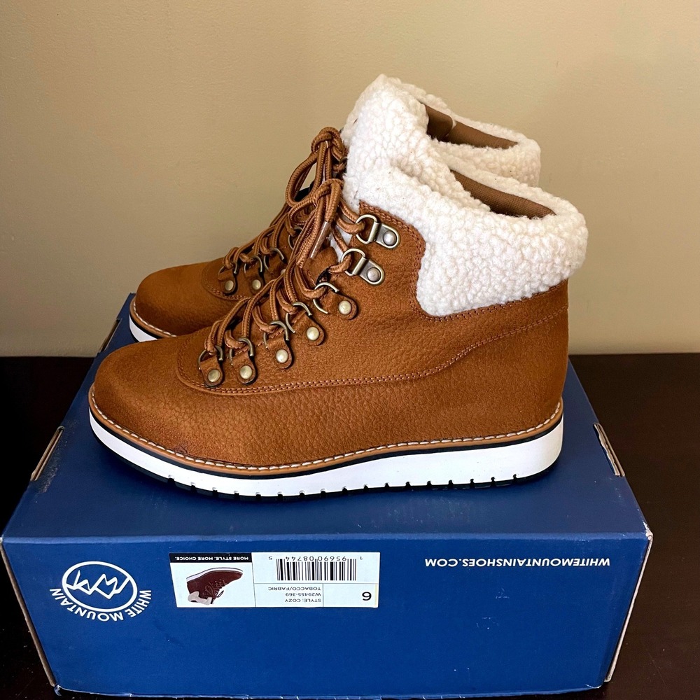 White Mountain Cozy Womens Tobacco Brown Sherpa Trim Hiking Ankle Boots 6M